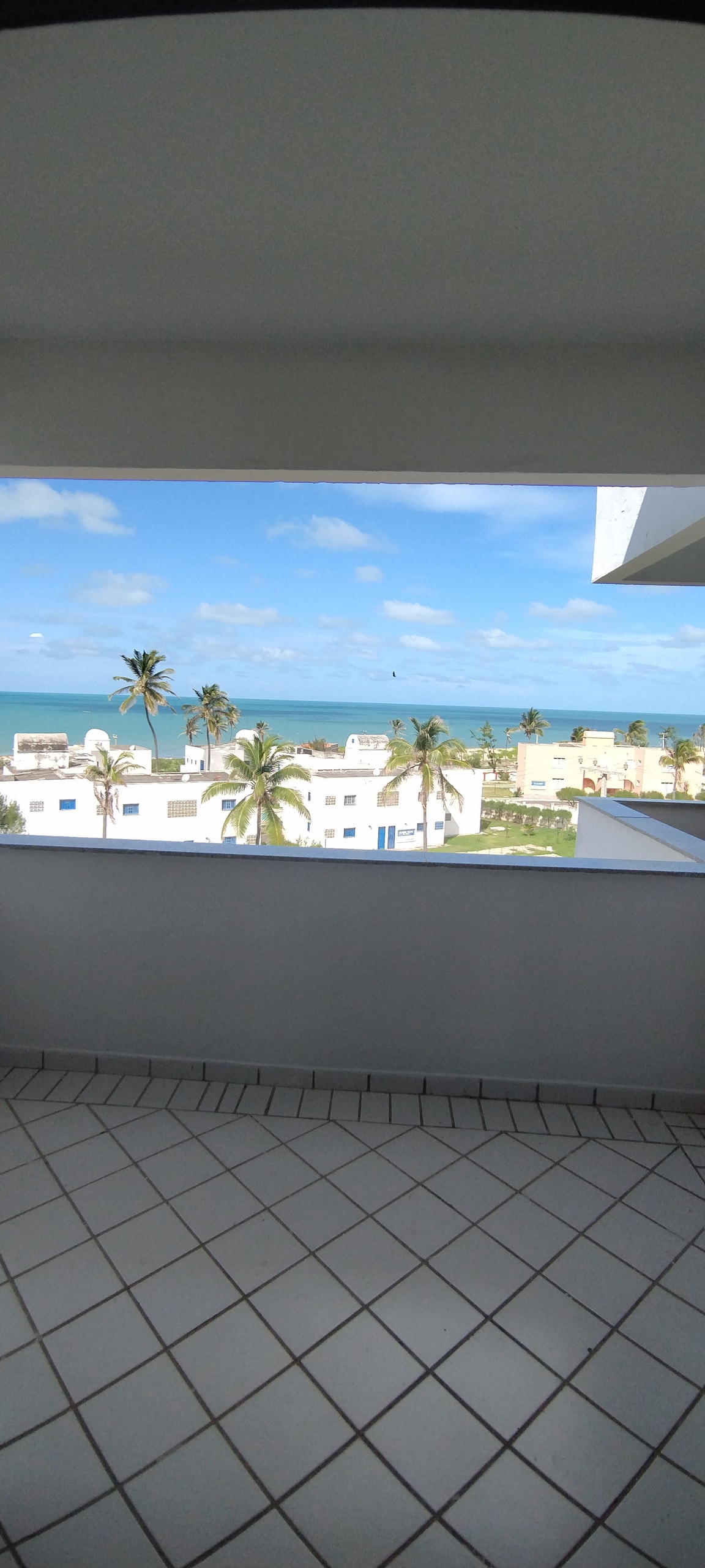 A wide window frames a view of the ocean, with palm trees swaying gently in the breeze. The bright blue sky enhances the scene, while white buildings line the coastline below. The tiled floor reflects the sunlight, creating a serene atmosphere.