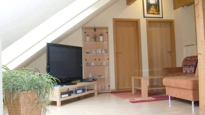 Dnevni boravak s prostorom za sjedenje. Ulazi: lijeva kupaonica, desna spavaća soba.