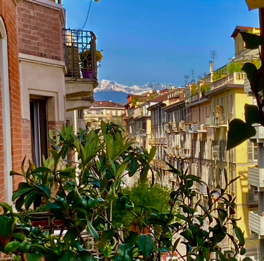 A charming street view is framed by lush greenery on the balcony. Bright buildings line both sides, with vibrant flowers visible on nearby balconies. In the background, the majestic snow-capped Alps rise against a clear blue sky, enhancing the serene ambiance of the surroundings.