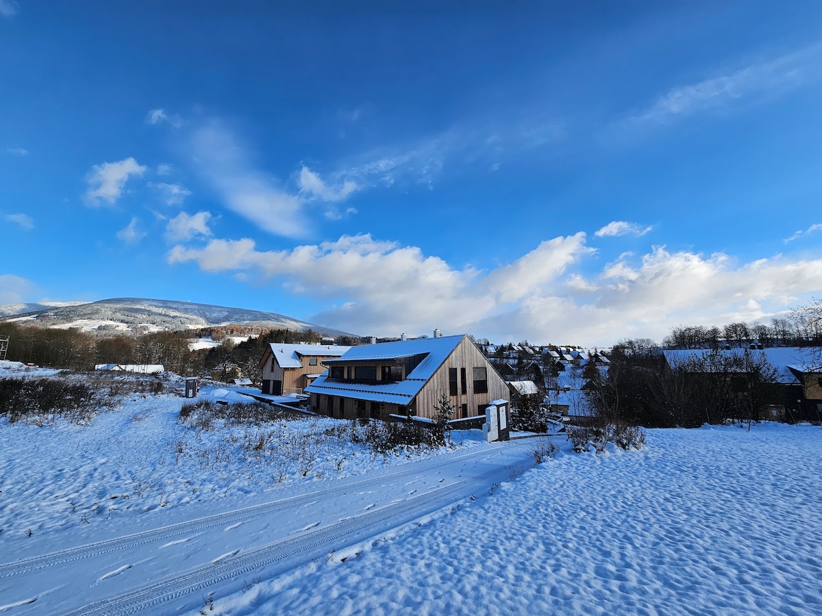 A winter landscape features a row of houses set against a backdrop of rolling hills and a clear blue sky. Snow blankets the ground, creating a serene atmosphere. Wispy clouds are scattered, adding depth to the expansive view.