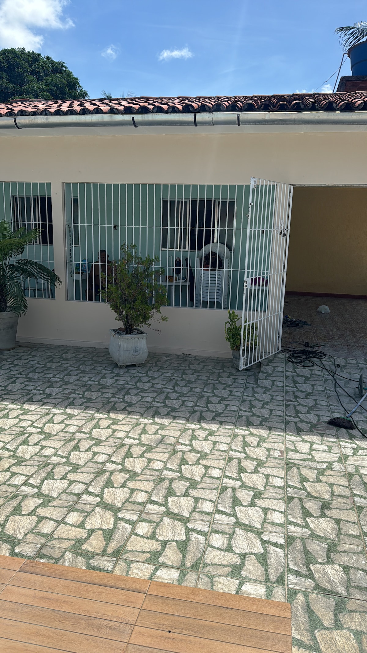 A view of a patio area showcasing a tiled stone floor with a distinctive pattern. A large potted plant is located near a set of doors, which are securely gated. Natural light floods the space, enhancing the warm and inviting ambiance of the entryway.
