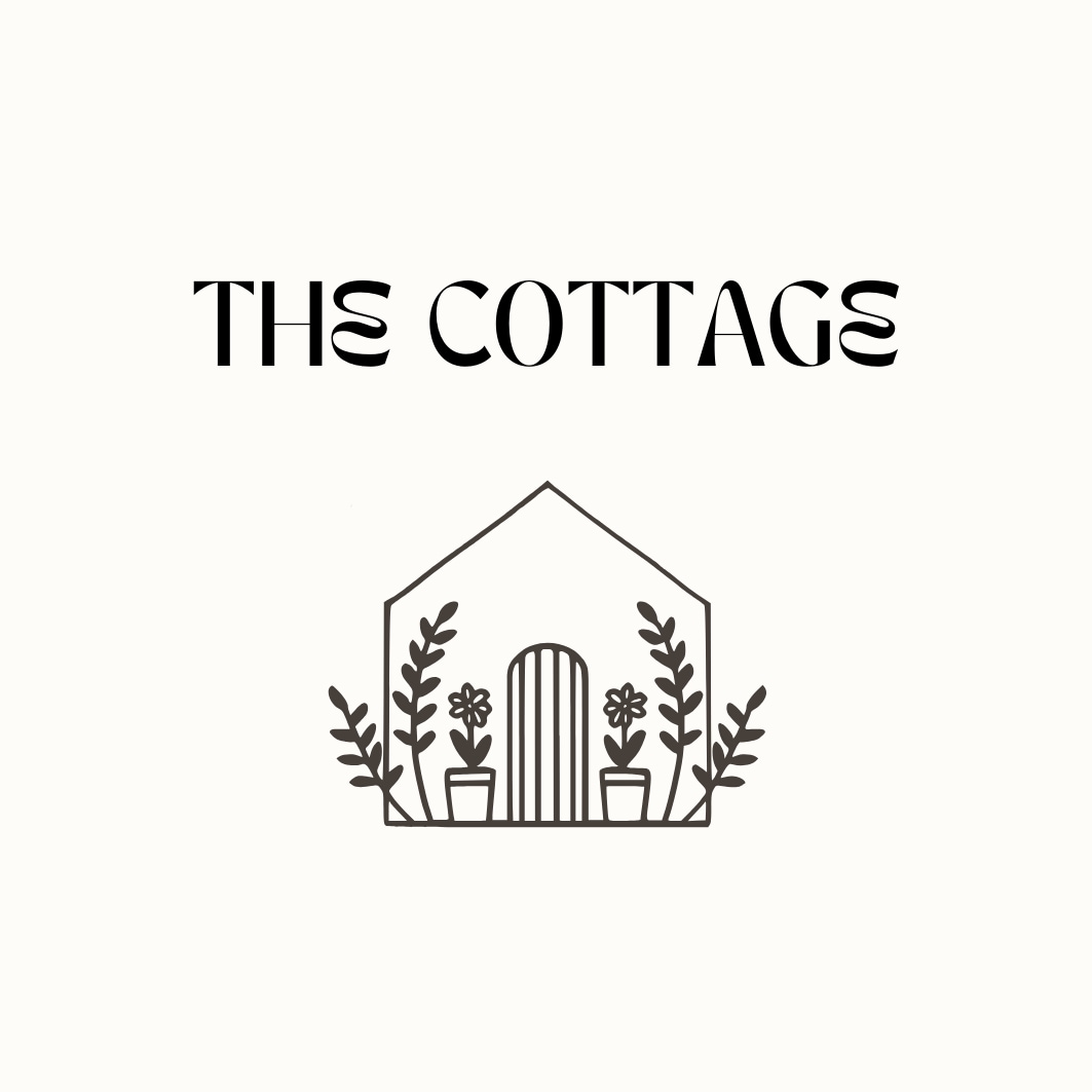 An artistic logo features a simple, outlined cottage design surrounded by stylized plants and flowers. The word 'THE COTTAGE' is displayed in an elegant font above the house, emphasized by a clean, minimalist aesthetic.