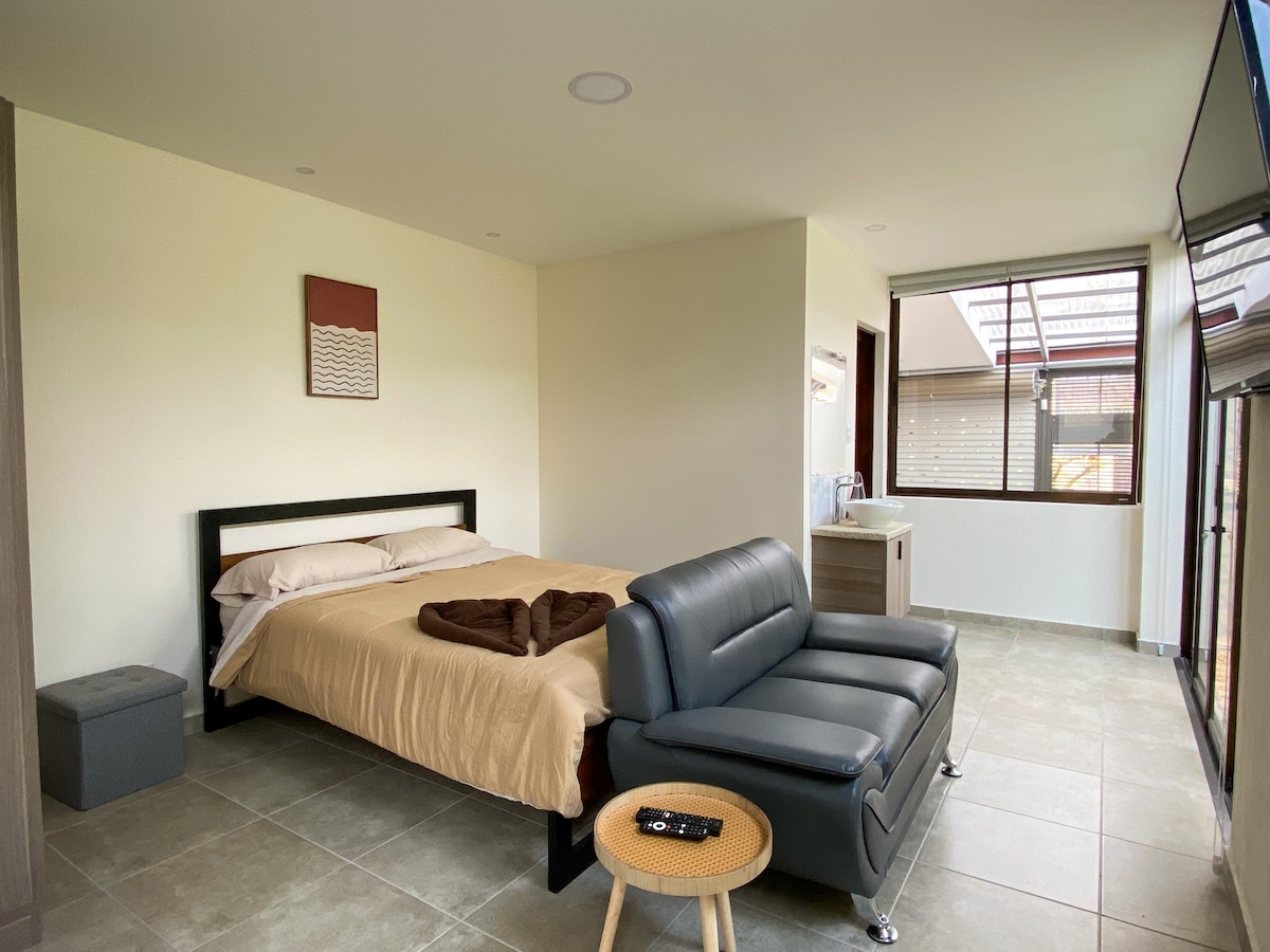 A modern studio features a spacious bed dressed in neutral-toned linens, facing a comfortable black sofa. Natural light fills the room through large windows, while a compact kitchenette and dining area are visible in the background. A subtle artwork is displayed on the wall.