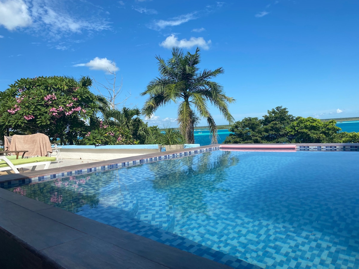 A private pool is shown with mosaic tiles reflecting the sky's blue and white hues. Lush greenery and palm trees provide a natural frame, while the lagoon can be seen in the background, showcasing its vibrant colors. A sun lounger is positioned nearby for relaxation.