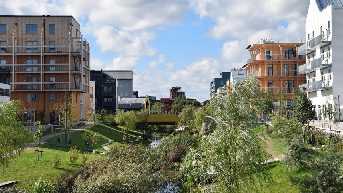 A view of a landscaped area featuring modern buildings alongside a gentle waterway. The green space includes trees and grassy areas, with a pedestrian bridge crossing over the water. The scene is set under a bright sky with scattered clouds.