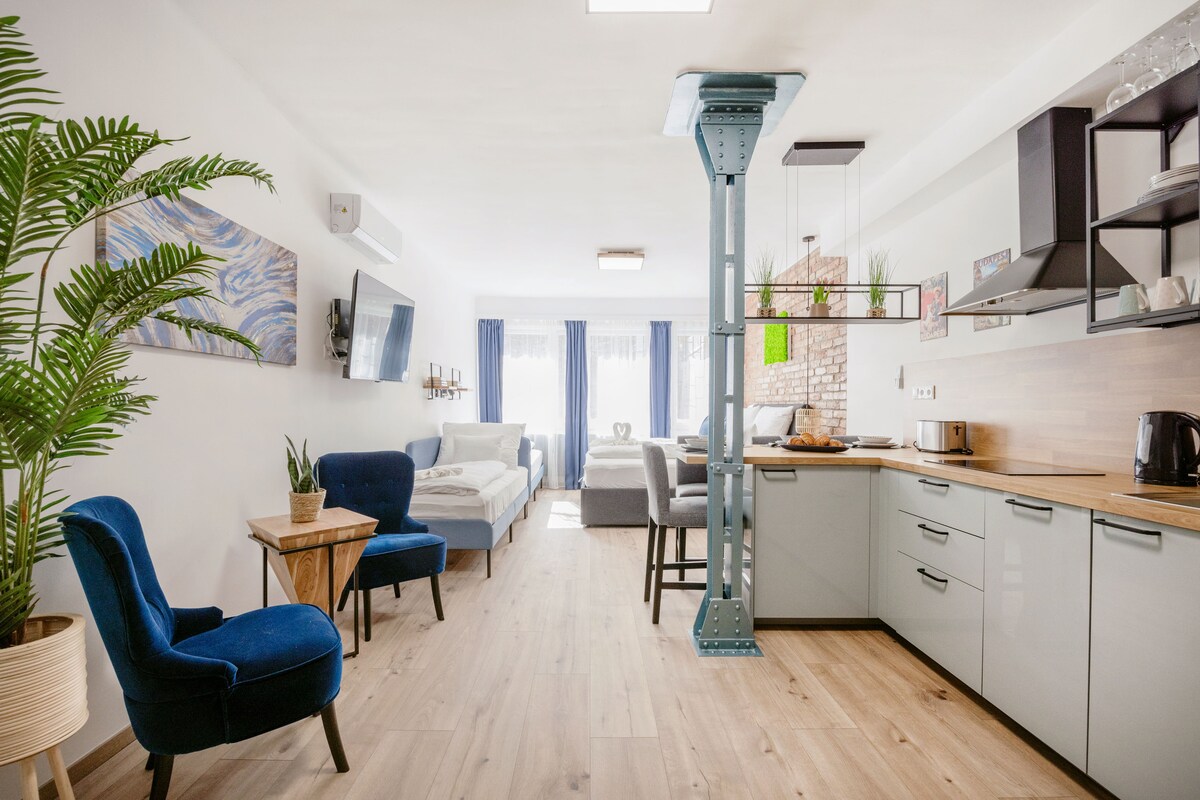 An open-plan living space features a fully equipped kitchen with modern cabinetry and wooden accents. Cozy seating is provided by a pair of blue chairs and a wooden table. Natural light brightens the area, with two beds positioned in the background.