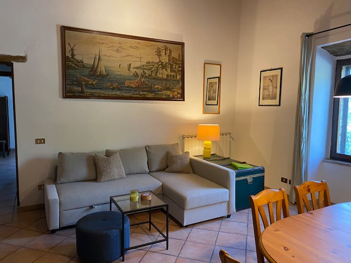 Ce canapé, situé dans le salon qui comprend la cuisine et la table à manger, nous pouvons vous transformer en un lit confortable.