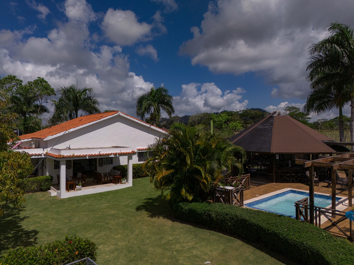 A spacious villa is surrounded by lush greenery, with a well-maintained lawn and palm trees. The exterior features a white façade and a terracotta roof, complemented by a gazebo area and a refreshing pool, providing an inviting outdoor retreat.