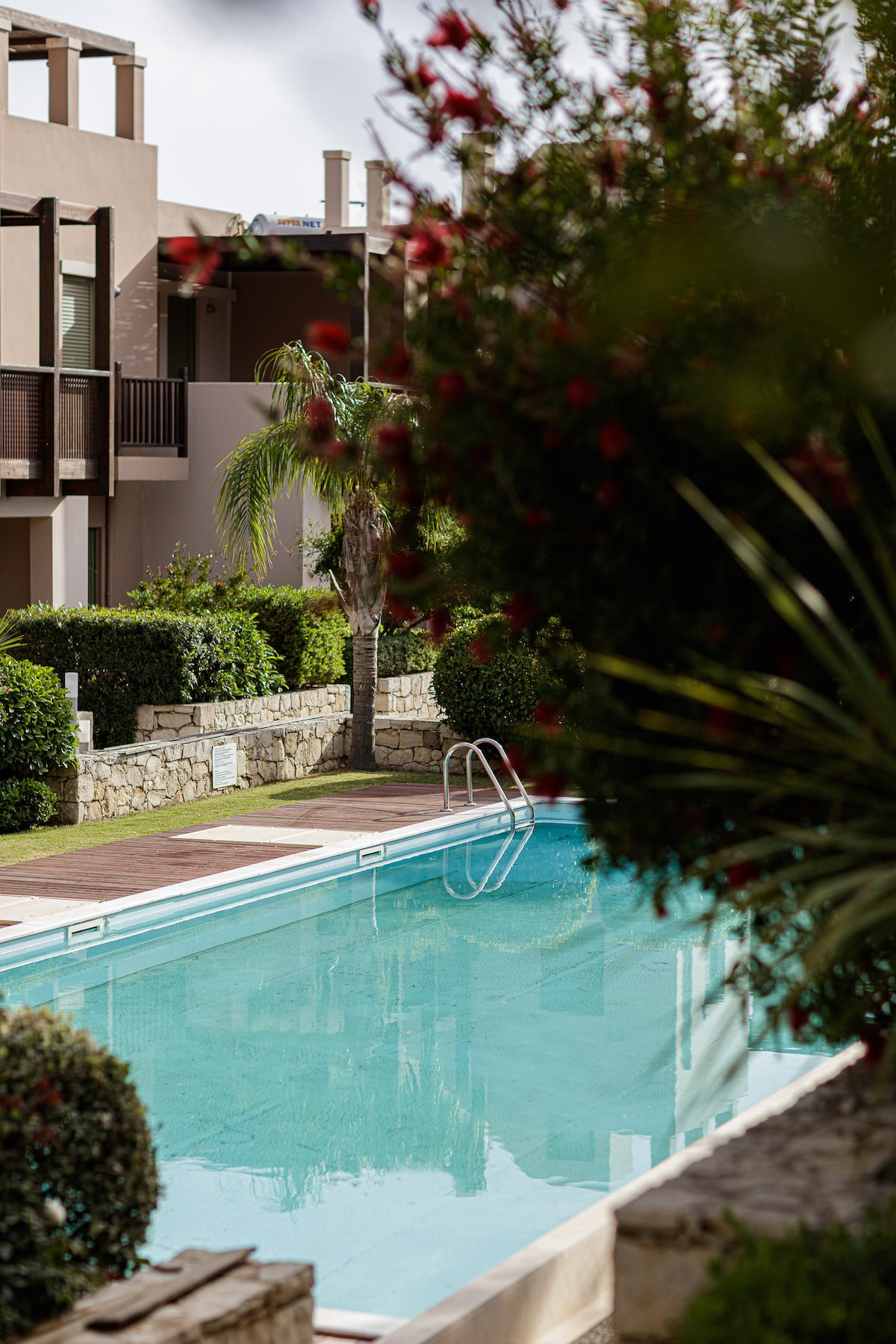 A serene shared pool is framed by lush greenery and neatly trimmed hedges. The clear water reflects the surrounding buildings, with a few steps leading into the pool area. The ambiance suggests a calm environment perfect for relaxation.
