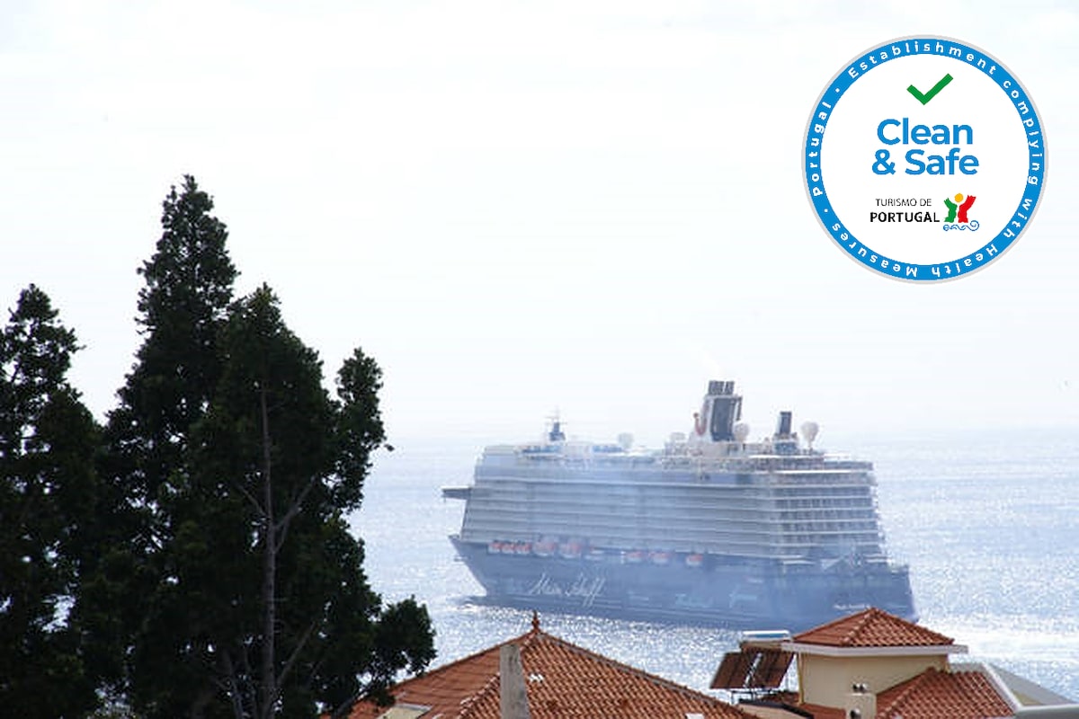A large cruise ship is seen approaching the bay, surrounded by calm waters. Tall trees frame the view, with terracotta roofs from local buildings visible in the foreground. The scene captures the maritime activity and scenic coastal environment.