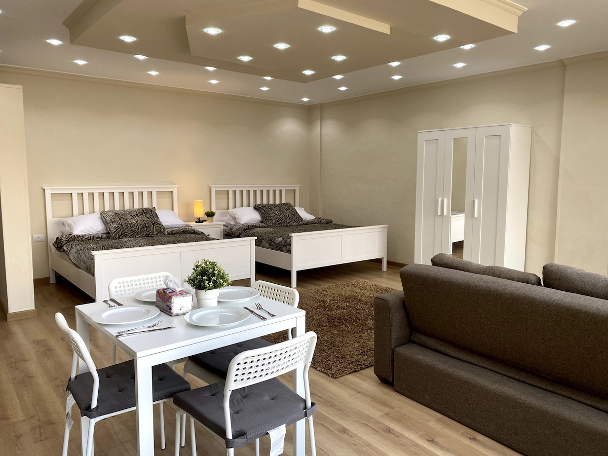 A spacious studio apartment features two large double beds with comfortable bedding. A dining area with a white table and chairs is positioned near a cozy sofa in an inviting brown hue. A modern wardrobe stands against the wall, enhancing the minimalist design of the room.