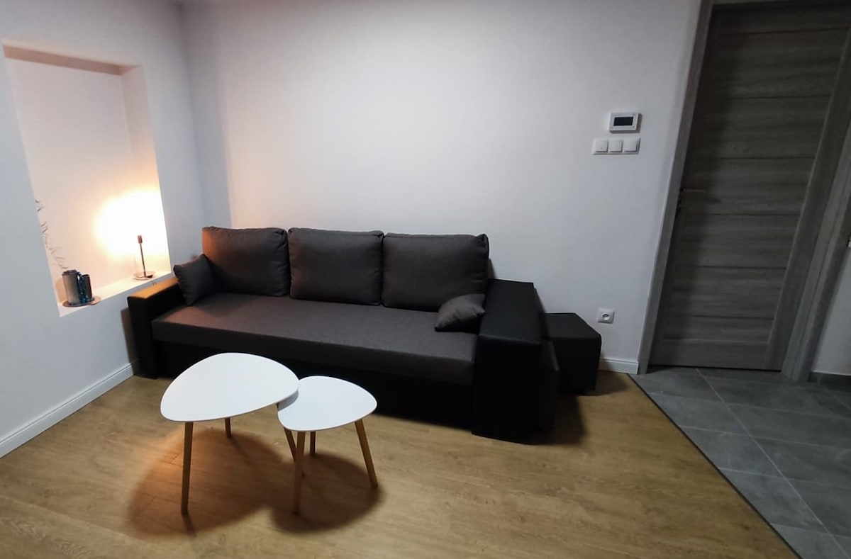 A cozy seating area is defined by a modern gray sofa positioned beside a small, light wooden table. A sleek lamp provides soft illumination, and a door is visible in the background, leading to other spaces within the property.