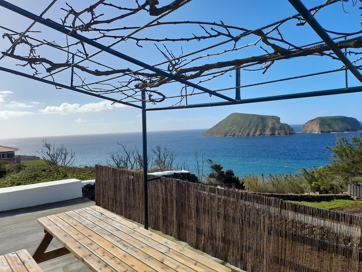 A wooden dining table is positioned under a trellis, overlooking a scenic view of the ocean and distant green hills. The coastline is framed by natural vegetation, with a clear sky and gentle waves enhancing the tranquil environment.