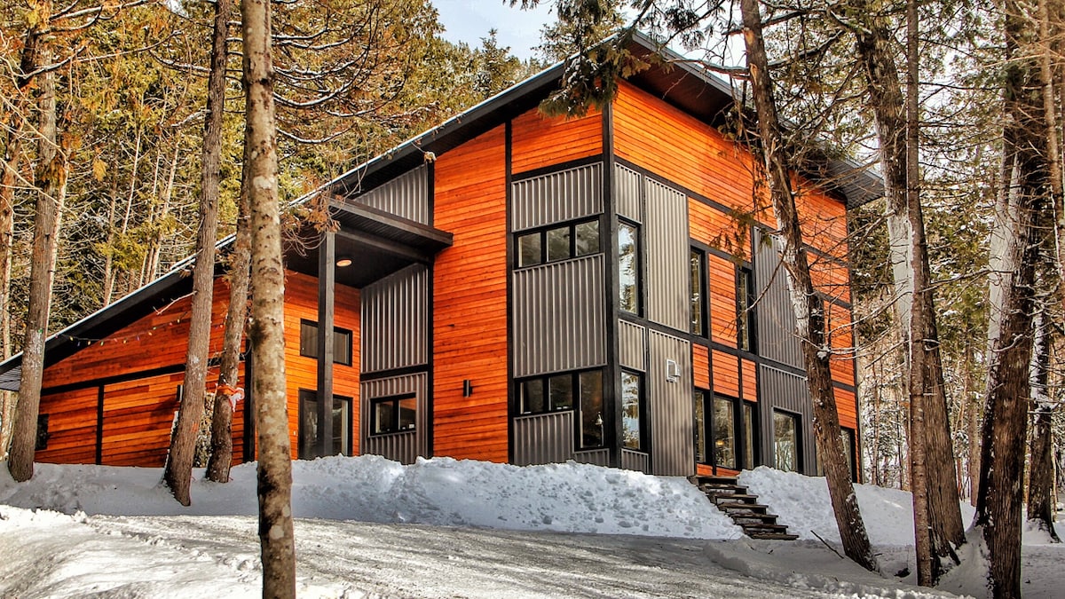 A modern chalet features a striking combination of wooden and metal exteriors. Surrounded by snow-covered trees, large windows provide natural light, while a welcoming entrance with wooden steps leads to the interior.