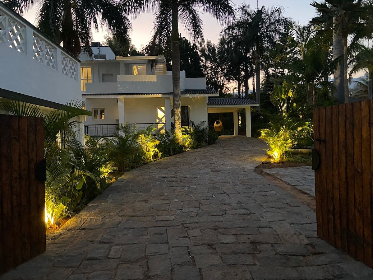 The entrance pathways of the villa are lined with stone tiles and illuminated by soft lights. Lush greenery, including palm trees and tropical plants, frames the pathway leading up to the villa, creating a welcoming approach to the property.