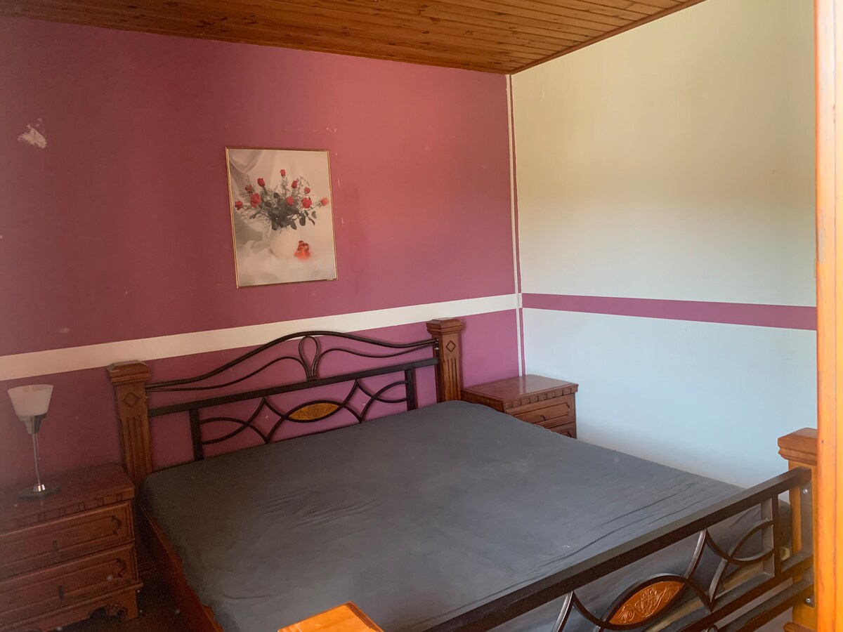 A spacious sleeping area features a large bed with a dark fitted sheet. Nightstands are positioned on either side of the bed. A floral artwork hangs on the pink wall, accompanied by a white lamp on one of the nightstands.