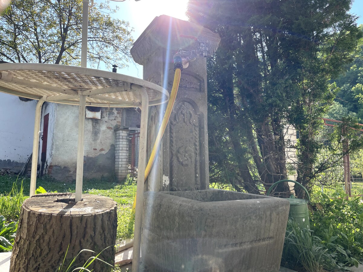 An outdoor stone fountain is positioned amidst greenery, with water flowing gently from an ornate spout. A round table stands nearby, supported by a sturdy base. Sunlight filters through the trees, creating a serene atmosphere in the garden area.