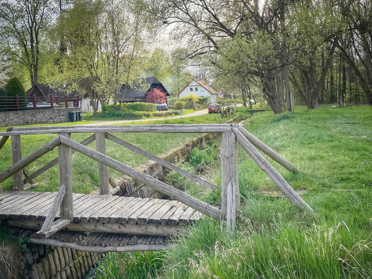 A rustic wooden bridge crosses a gently flowing stream, surrounded by lush green grasses and trees. In the background, traditional houses can be seen nestled among the foliage, providing a serene rural setting.