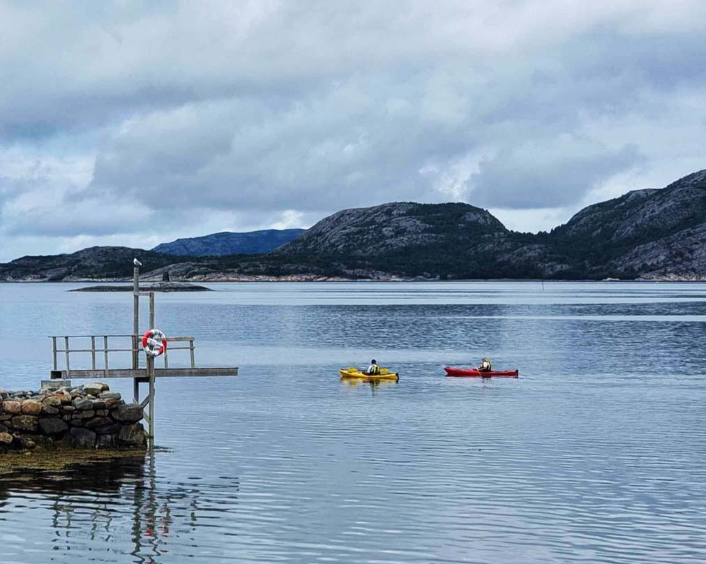 Two kayakers glide across calm waters near a wooden dock, which features a lifebuoy. The surrounding landscape includes gently sloping hills under a cloudy sky, providing a serene backdrop.