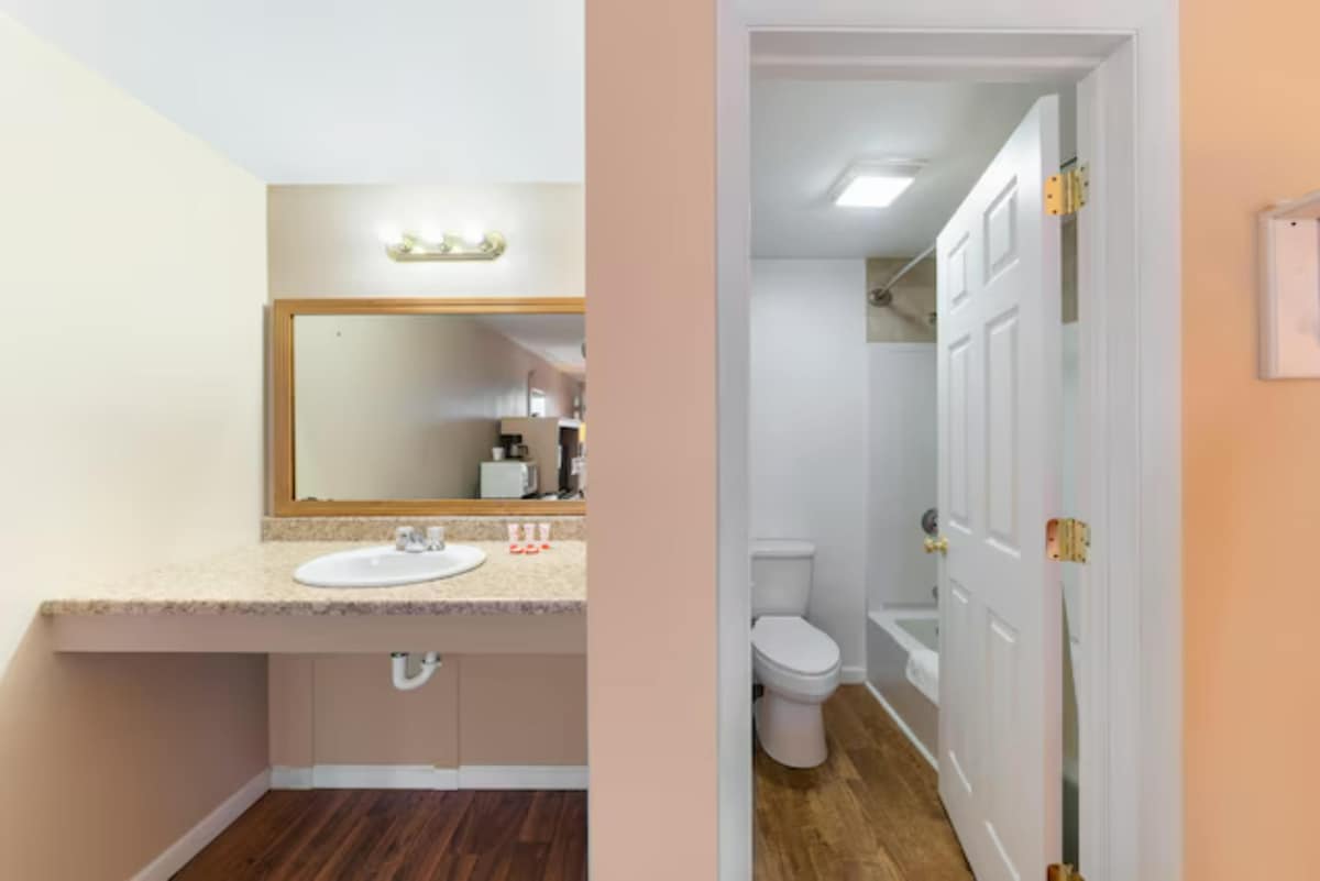 The image shows a bathroom area featuring a large mirror above a vanity with a sink and countertop. A separate door leads to a toilet and bathtub area, while light-colored walls and warm wooden flooring create a bright and clean ambiance.