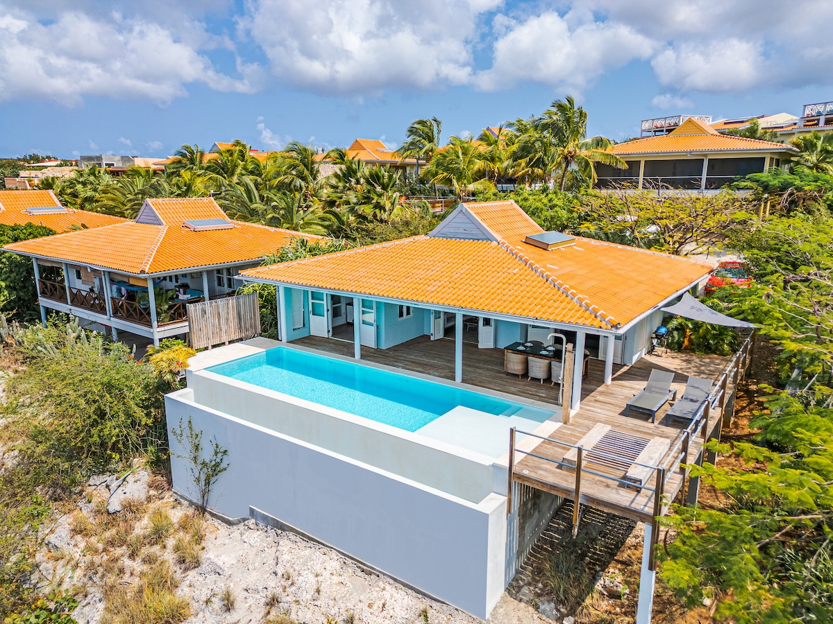An aerial view of a modern cottage showcases a vibrant orange tiled roof and an inviting private infinity pool. Surrounding palm trees create a natural setting, while a spacious wooden deck extends from the pool area, equipped with lounge chairs for relaxation.