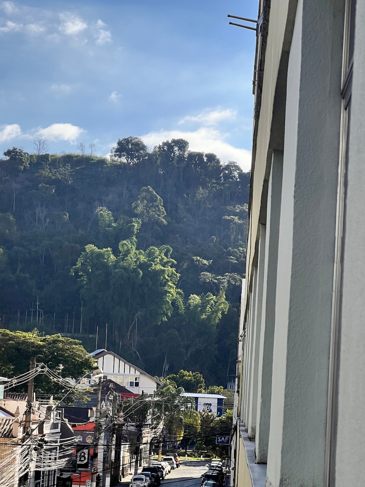 A view from the apartment showcases a hillside covered in lush trees under a partly cloudy sky. The scenery includes a mixture of urban structures and greenery, with utility lines visible along the street below, emphasizing the blend of nature and city life.