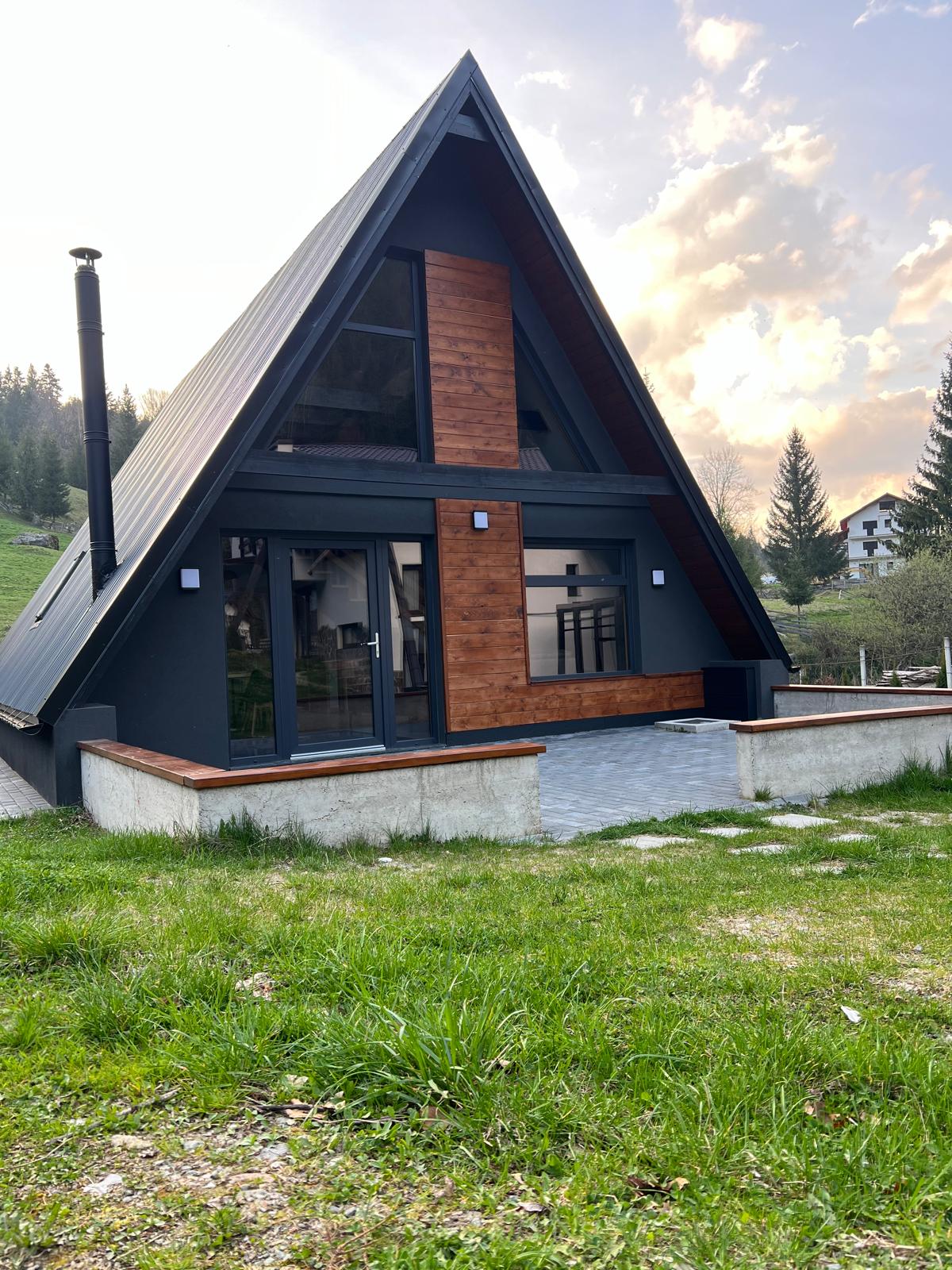 A charming A-frame cabin is surrounded by grassy terrain and tall trees. The exterior features a combination of wood and dark siding, with large glass doors that provide views of the scenic landscape. Soft clouds are visible in the sky above the structure.
