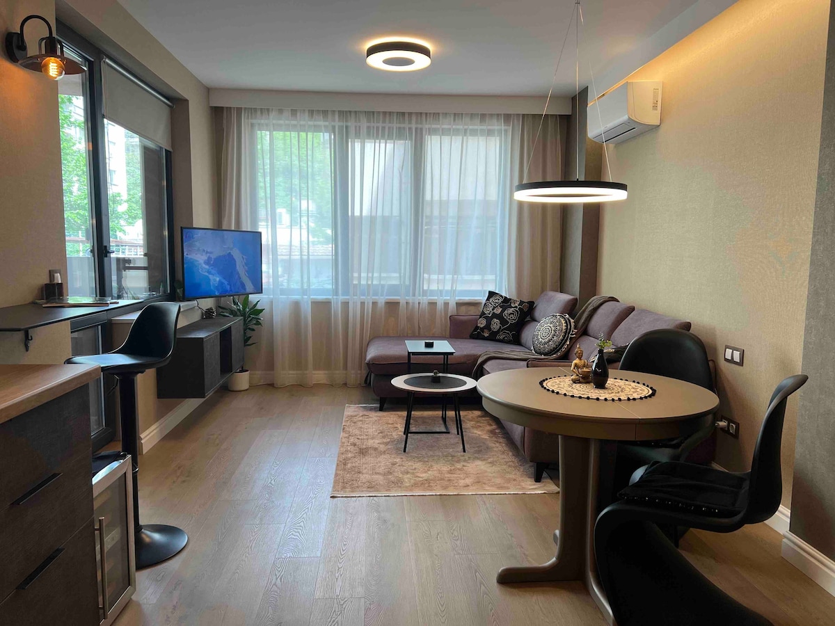 A modern living area features a plush sofa and a sleek coffee table. A large window allows natural light to illuminate the space, complemented by a stylish light fixture. A dining table with chairs and a TV is also present, creating an inviting atmosphere for relaxation.