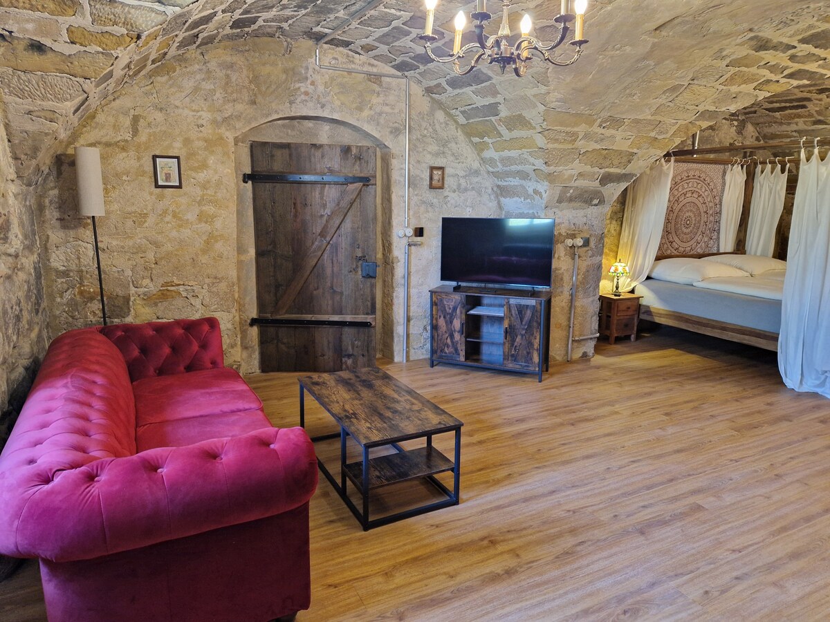 A spacious room is characterized by an arched stone ceiling and wooden door. A plush sofa and coffee table are positioned in front of a flat-screen TV. A bed with a draped canopy is placed in the background, creating a cozy sleeping space.