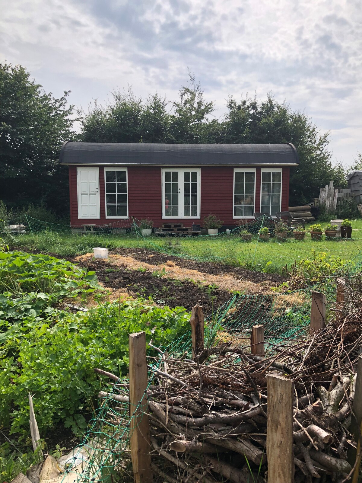 A renovated train carriage is featured, painted in deep red, with two large glass doors framed by white trim. Surrounding the carriage is a lush green garden, complete with visible garden beds and natural fencing made of sticks. Tall shrubs stand in the background.