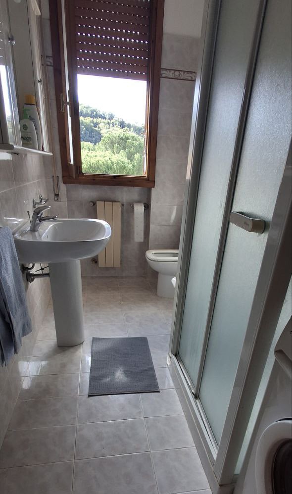 A well-lit bathroom features a shower stall, a toilet, and a sink with a mirror above. A window allows natural light to enter, providing a view of greenery outside. Soft towels hang beside the sink, and a textured mat is placed on the tiled floor.