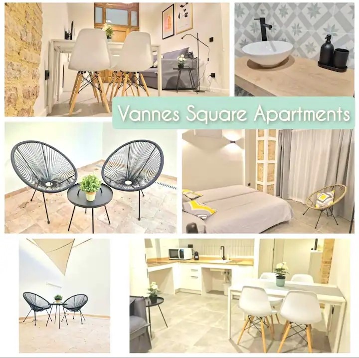 A collage showcases various areas of the Vannes Square Apartments. Two modern seats with circular tables feature plants. A spacious bed with light linens is set against a neutral backdrop. A dining area with a table for four and a well-equipped kitchen are also visible.