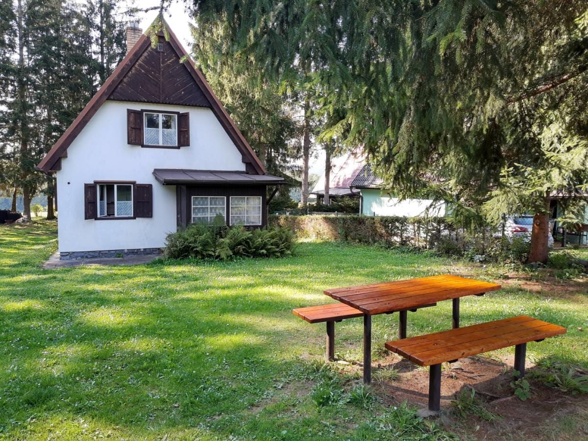 A charming chalet is nestled among tall trees, surrounded by a grassy area. A wooden picnic table is positioned in the foreground, offering an inviting space for outdoor meals. The well-maintained exterior features a sloped roof and multiple windows, allowing natural light to fill the interior.