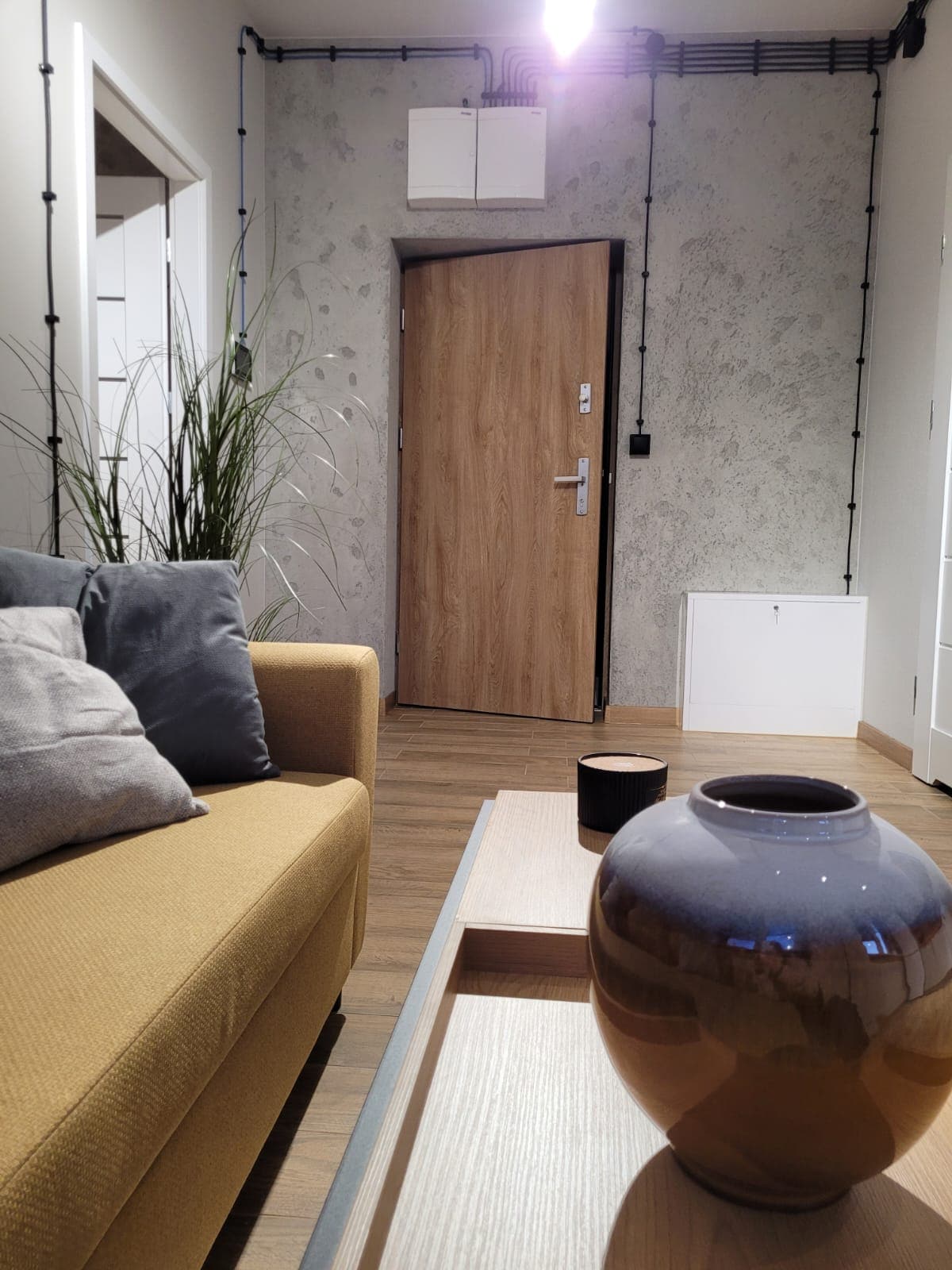 A cozy living area features a warm-toned sofa adorned with soft pillows. A wooden coffee table holds a decorative vase beside a small, dark container. A minimalist door leads to another space, complemented by neutral-colored walls and a small indoor plant adding a touch of greenery.
