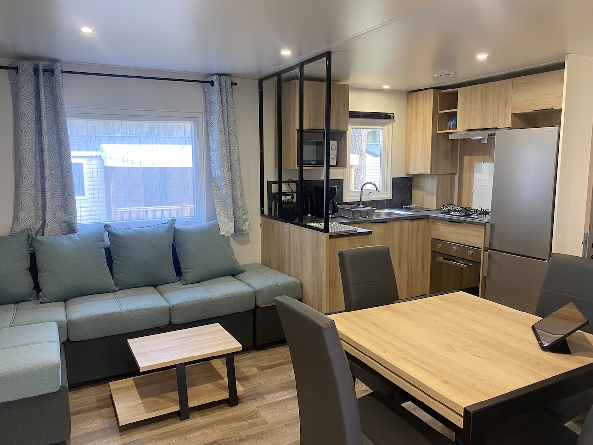 An open living area features a comfortable sectional sofa with soft blue cushions. A compact dining table is surrounded by chairs, while the kitchen showcases modern appliances, including a refrigerator and a stovetop, with ample natural light streaming through a large window.