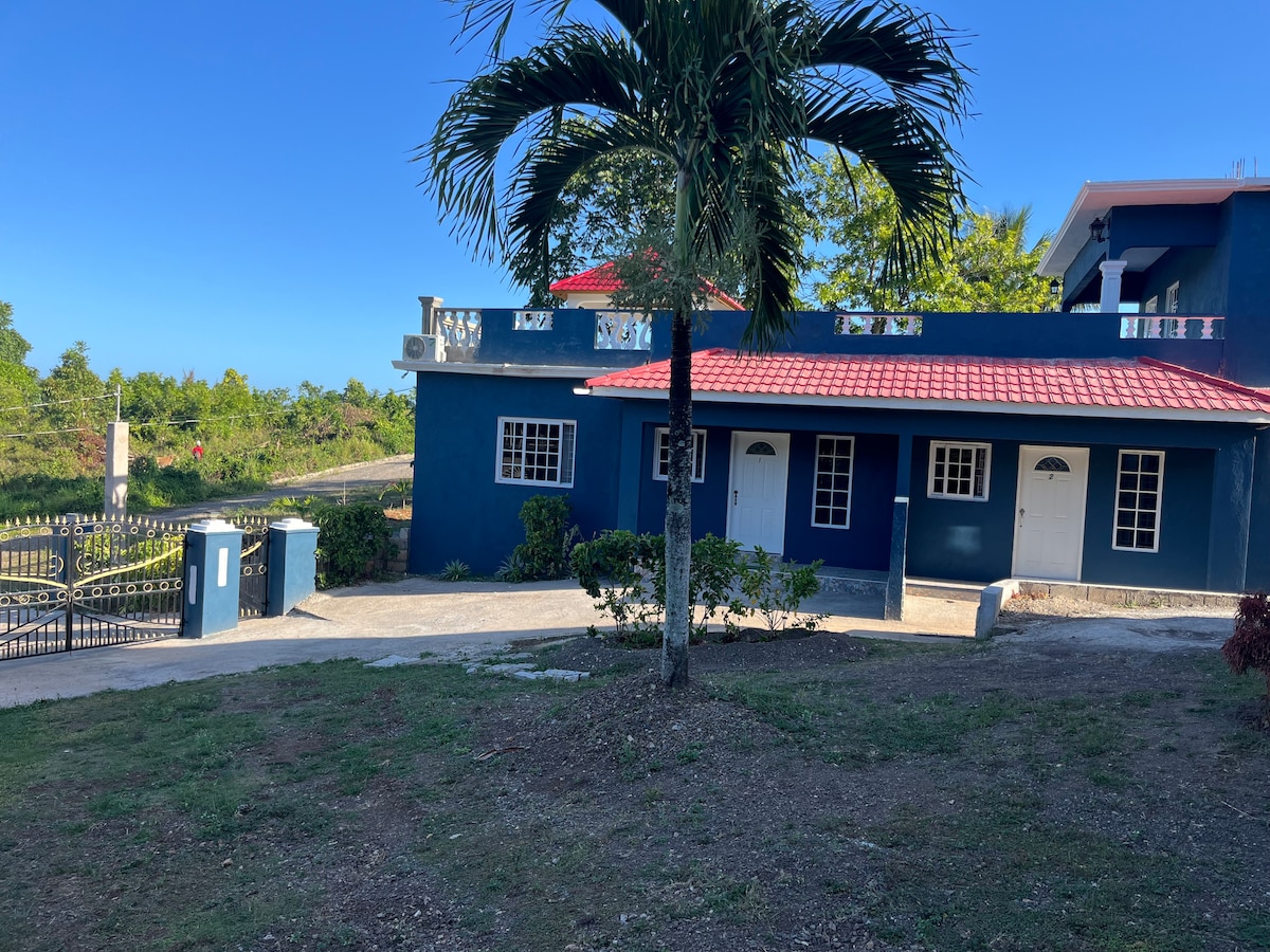 A vibrant blue structure with a red-tiled roof is surrounded by well-maintained gardens. The building features multiple entrance doors and a spacious driveway, framed by palm trees and lush greenery, with a clear blue sky providing a serene backdrop.