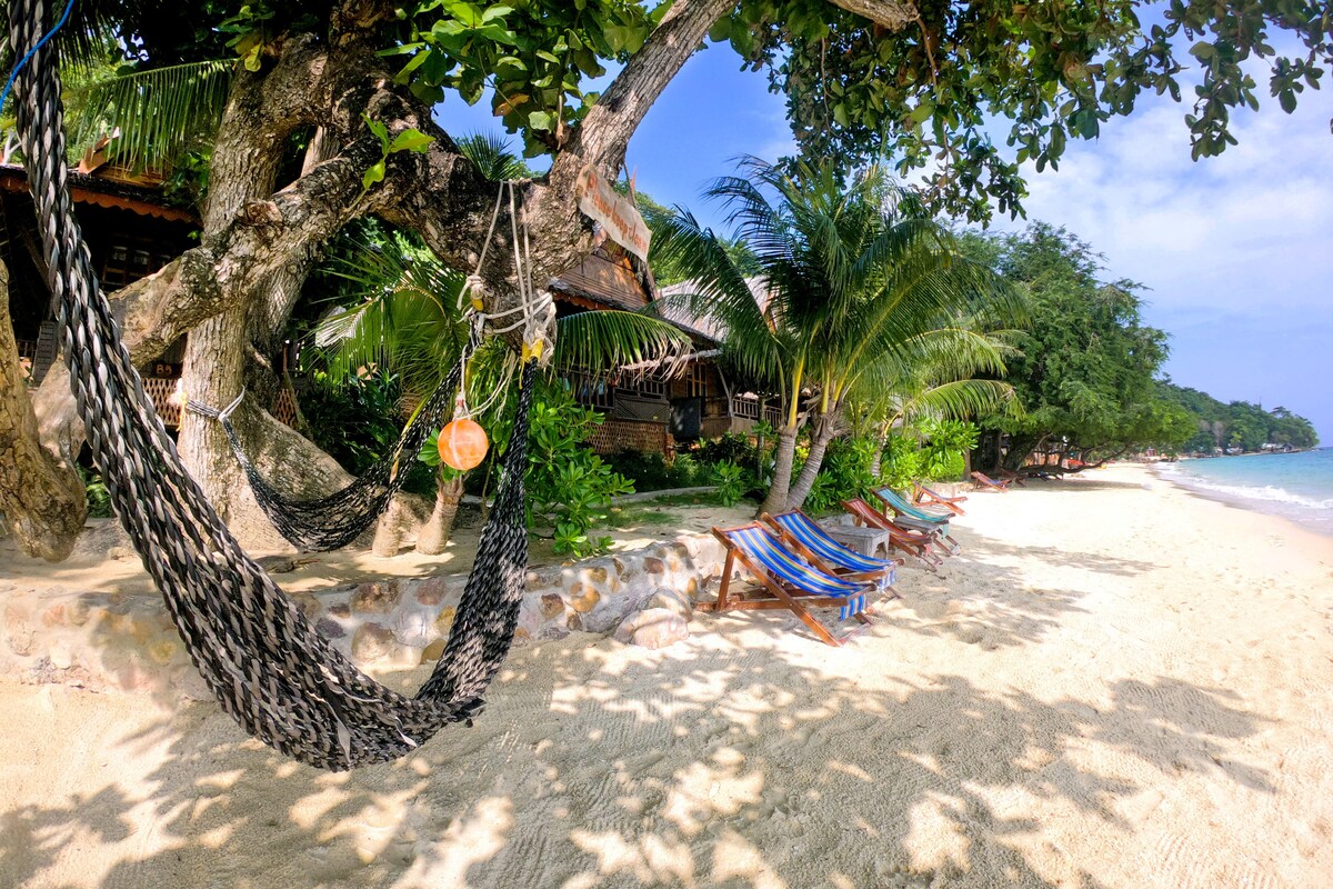 A hammock hangs between two trees, inviting relaxation under the shade. Colorful loungers are arranged on the sandy beach, with palm trees providing a lush backdrop. The calm water glistens in the sunlight, enhancing the serene coastal atmosphere.