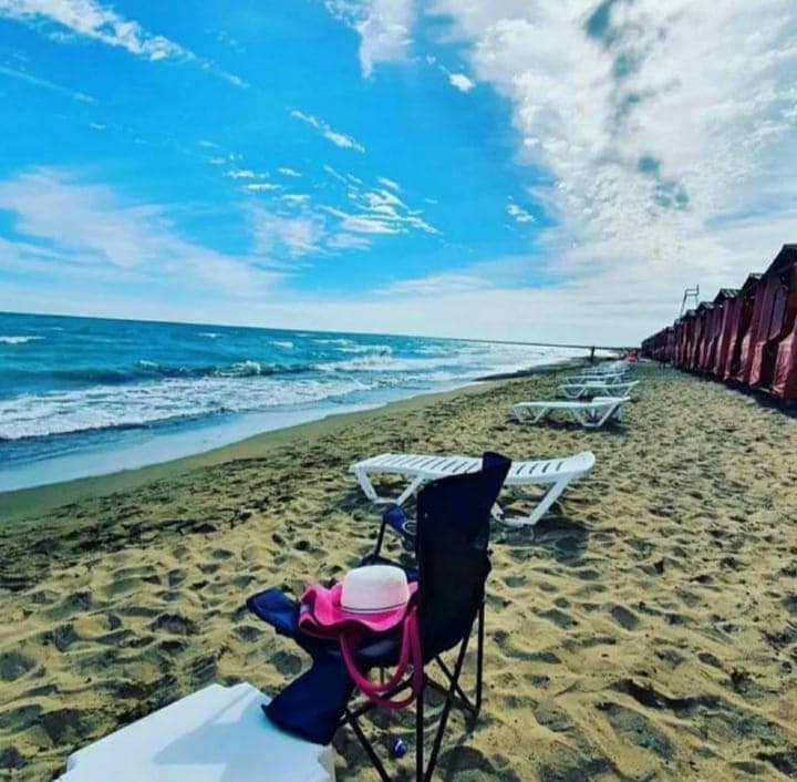 Lounge chairs are arranged on sandy beach, facing calm ocean waves under a bright blue sky. A white hat rests on one chair, with the shoreline and beach houses visible in the distance, suggesting a pleasant and relaxing environment.