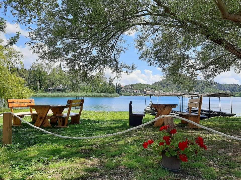A serene outdoor space features wooden picnic tables surrounded by lush greenery. A lake glistens in the background, reflecting the blue sky. Flower pots with bright red blooms are placed nearby, enhancing the tranquil atmosphere by the water's edge.