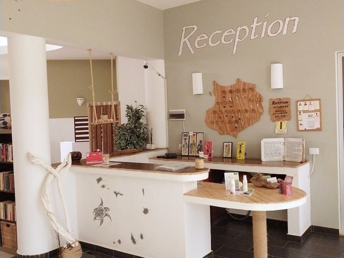 The reception area features a welcoming desk with natural wood accents. Informational materials are displayed on the wall and countertop. A potted plant adds a touch of greenery, while the warm color palette creates an inviting ambiance.