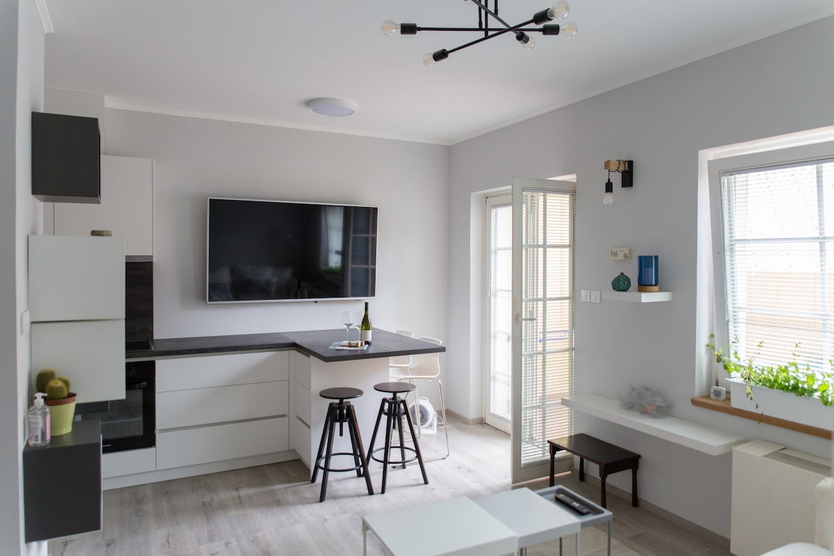 An open-plan living area features modern kitchen cabinetry, complemented by a sleek kitchen island with two stools. A large TV is mounted on the wall, and natural light fills the space through two windows. A small balcony door leads outside.