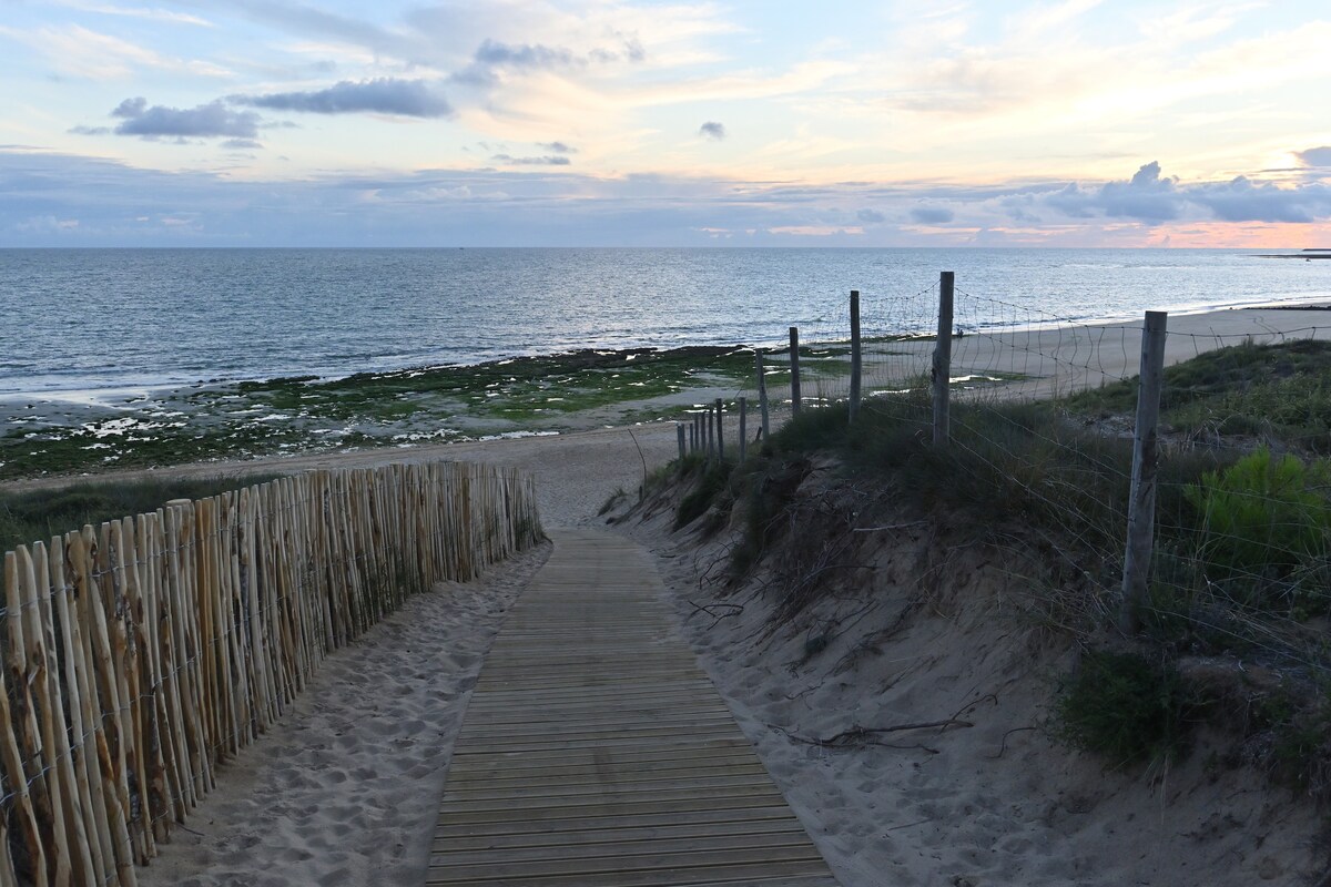 A sandy pathway leads down towards the beach, bordered by wooden fencing. The shoreline features gentle waves lapping against wet sand and patches of seaweed. A soft twilight sky showcases a blend of pastel colors, hinting at an approaching sunset.