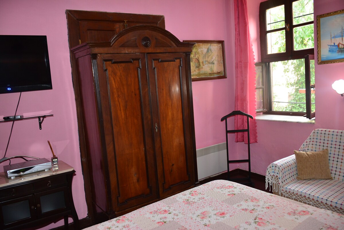 A cozy room features pink walls and a spacious bed with a floral-patterned cover. A vintage wooden wardrobe stands opposite a flat-screen TV mounted on the wall. Natural light enters through multiple windows, illuminating a small couch adorned with checkered fabric.