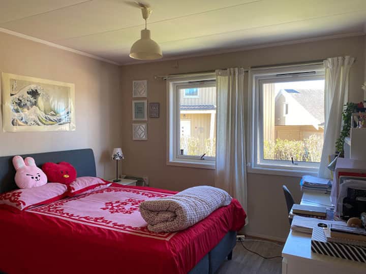 Habitación-1: 15 m2, camas dobles modernas de buena calidad, incluida la mesa de lectura y el armario empotrado. Habitación con vistas al jardín y luz solar