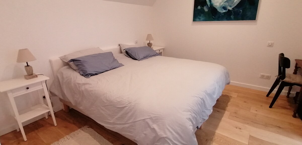 חדר שינה ללא מדרגות עם חדר ראשי, קומת קרקע, מיטת קינג סייז נוחות רבה, הפרדה לשתי מיטות 90x200