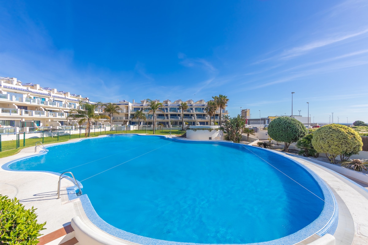 A large swimming pool is surrounded by well-manicured greenery and palm trees. Sunlight reflects off the clear blue water, creating a refreshing appearance. The spacious area features lounge chairs and is framed by a modern apartment building in the background.