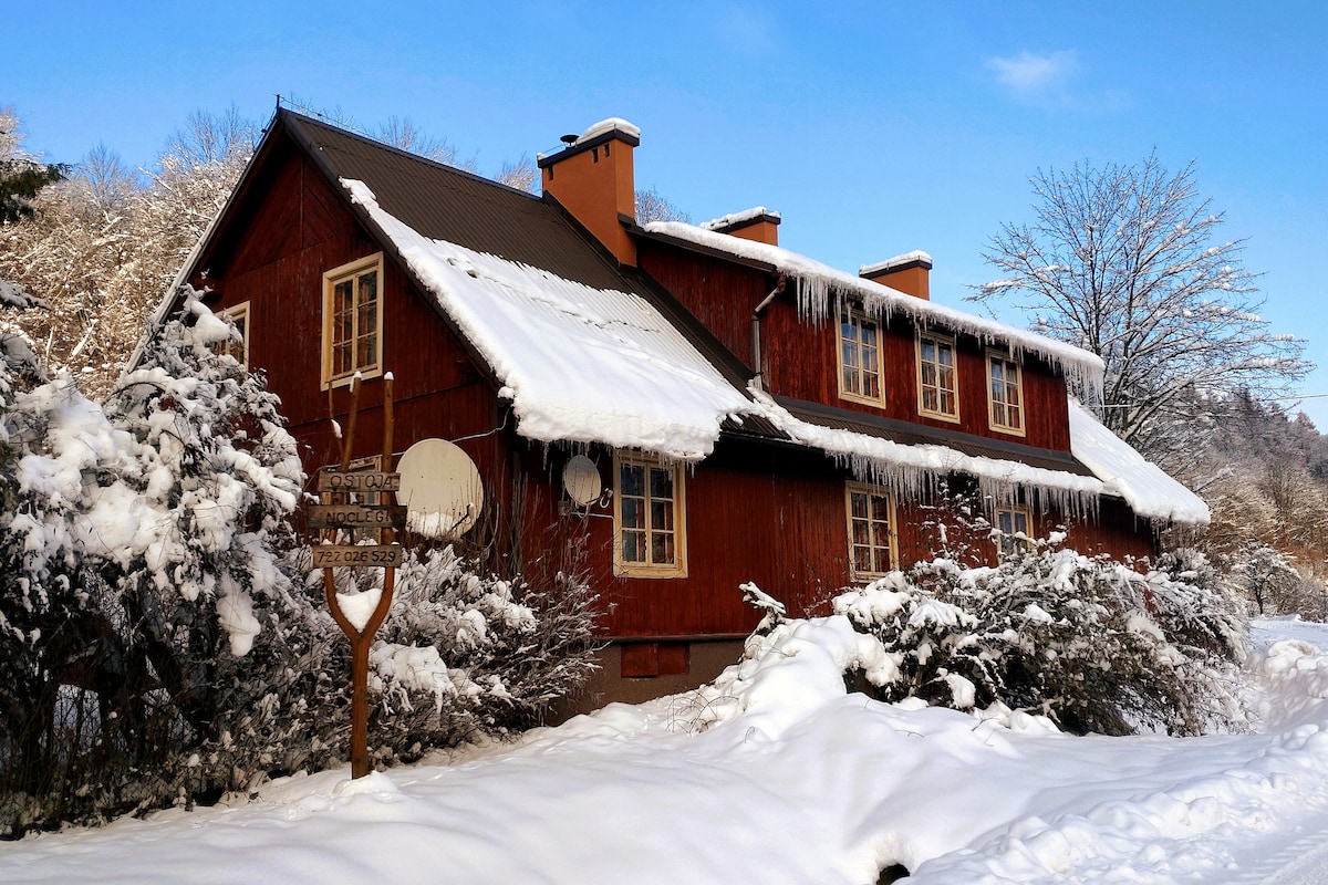 A charming wooden cottage is surrounded by a snow-covered landscape. Icicles hang from the eaves, and freshly fallen snow blankets the bushes and ground. The clear blue sky contrasts with the warm red of the cottage, creating a serene winter scene.