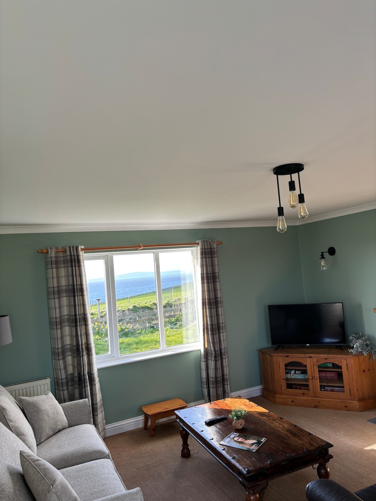 A living area is displayed, featuring a window with scenic views of the countryside. A comfortable sofa is positioned near a wooden coffee table. A television is situated within a wooden cabinet, with soft light provided by hanging bulbs and natural light filtering through the window.