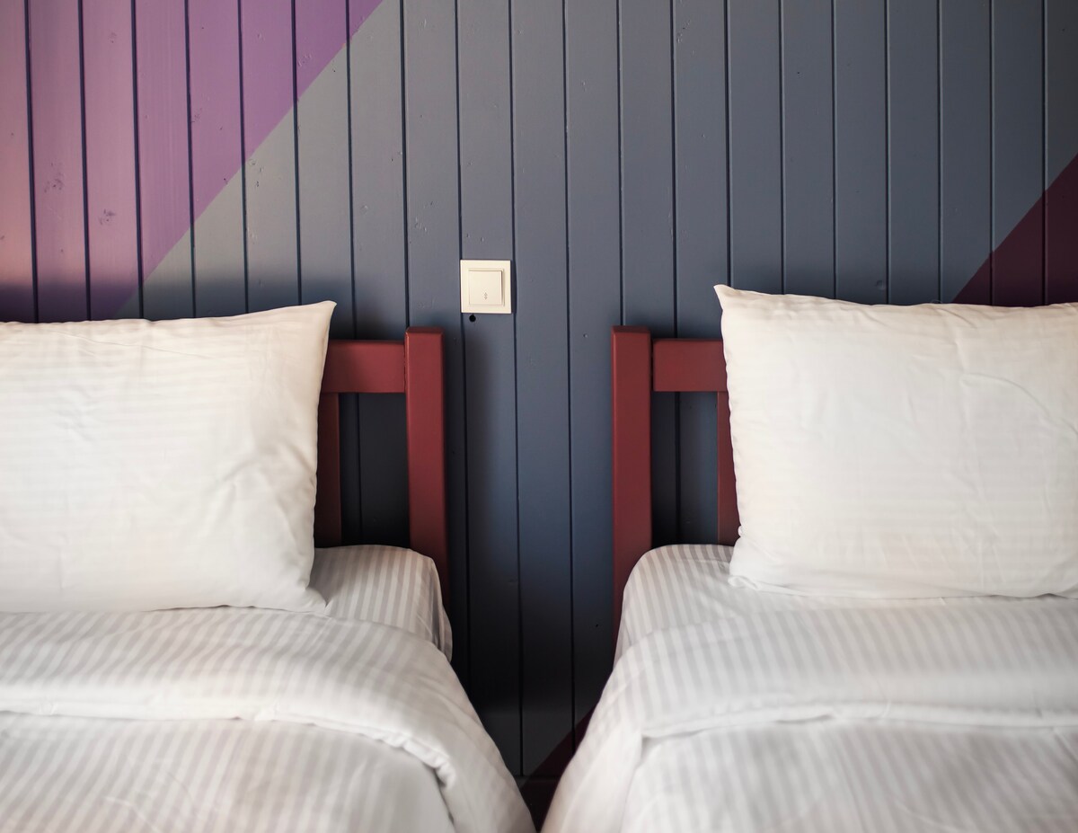 Two beds are positioned side by side, each dressed in striped white linens. Backboards in a deep red color enhance the minimalistic design. A blue wooden wall with geometric shapes provides a modern backdrop.