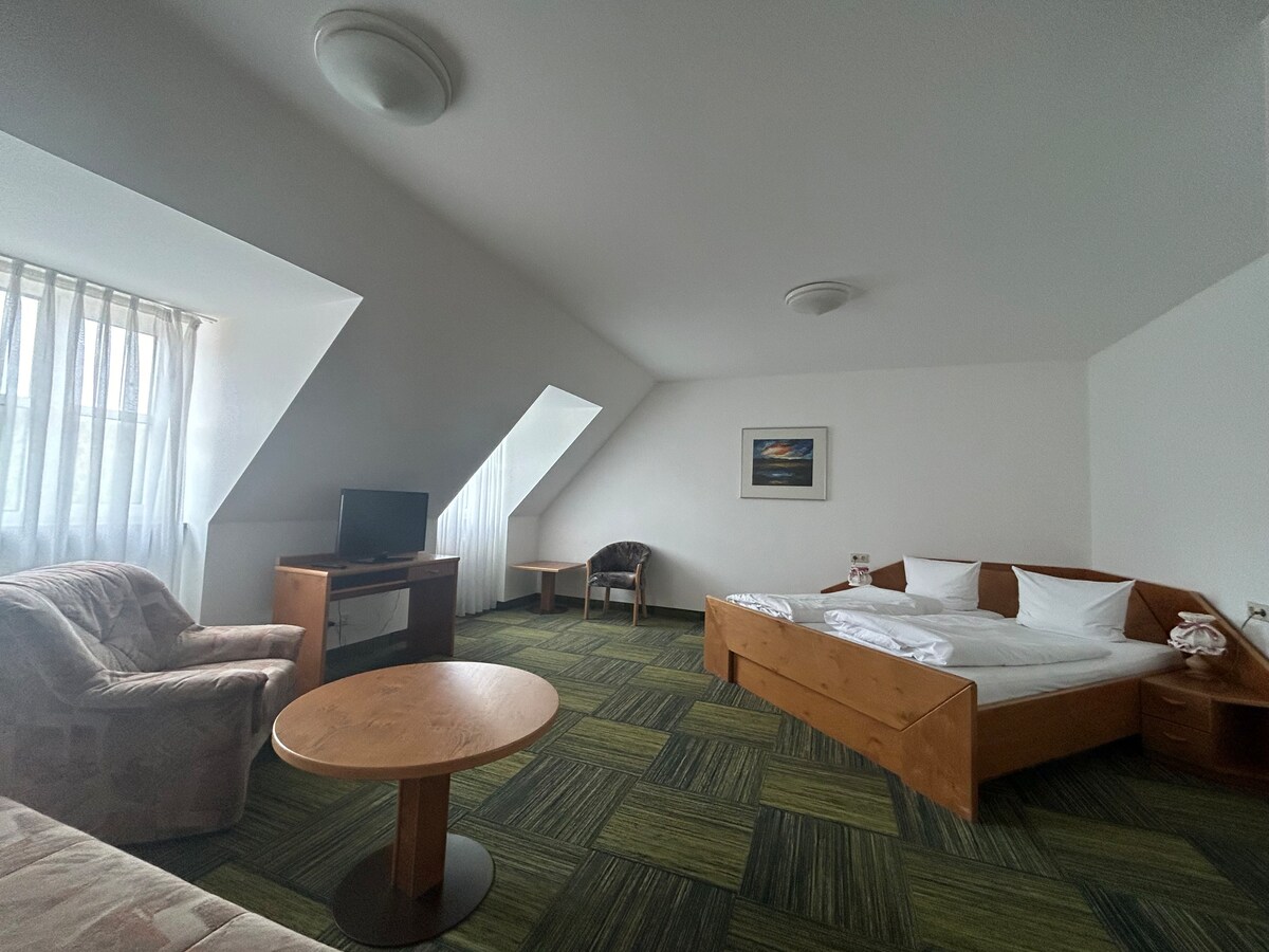 A spacious bedroom is displayed, featuring a wooden double bed with unmade white bedding. A soft armchair and small wooden table are placed nearby. A television stands on a cabinet, and large windows allow natural light to brighten the room, complemented by a green patterned carpet.